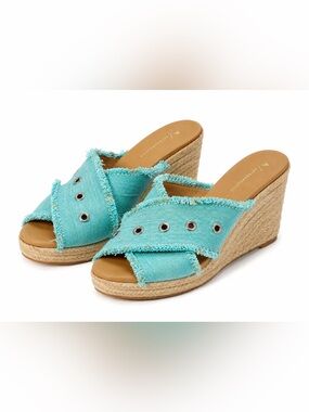 Anthropologie Turquoise Canvas Espadrille Wedge Slide Sandals Size 39